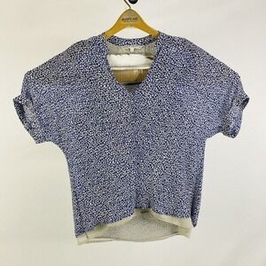 Annie Griffin Grey Blue Cheetah Print S/S Pure Silk Womens V Neck Shirt Small S